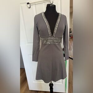 Venus Charcoal Gray Long Sleeve Plunge Jeweled Rhinestone Cocktail Dress Size 2